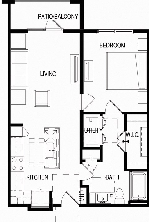 Floor plan for 1 bed, 1 bath, 723 sqft
